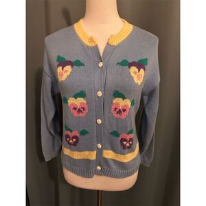Hartstrings Women's Vintage Floral Knit Cardigan Sweater Blue Size L